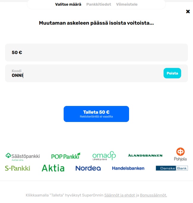 Super Onni Casinolle tehty 50 € talletus ja bonuskoodi Onni aktivoimaan uuden pelaajan bonuksen.