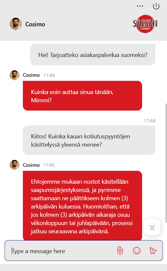 Sushi Casino tarjoaa asiakaspalvelua chatin kautta ympäri vuorokauden.