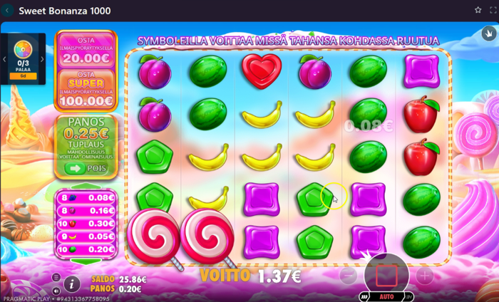 Kult Casino Sweet Bonanza 1000 -peli ei tuonut erityisiä voittoja
