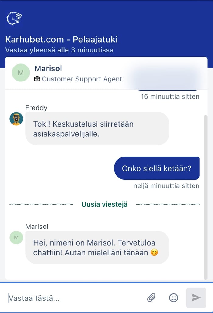 Livechat-keskustelu Karhubetilla Maribet-asiakaspalvelijan kanssa.