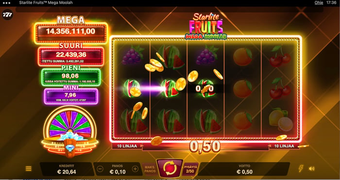 0,50 euron voitto Starlite Fruits -pelistä.