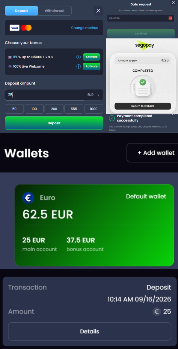 62,50 euron kokonaissaldo MegaBetillä.
