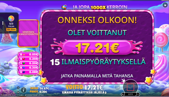 Sweet Bonanza 1000 -pelin 17,21 euron voitto.