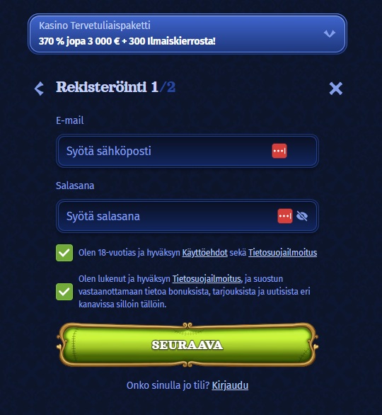 Casombie Casinon rekisteröintilomakkeen ensimmäinen vaihe, jossa kysytään sähköpostia ja salasanaa.