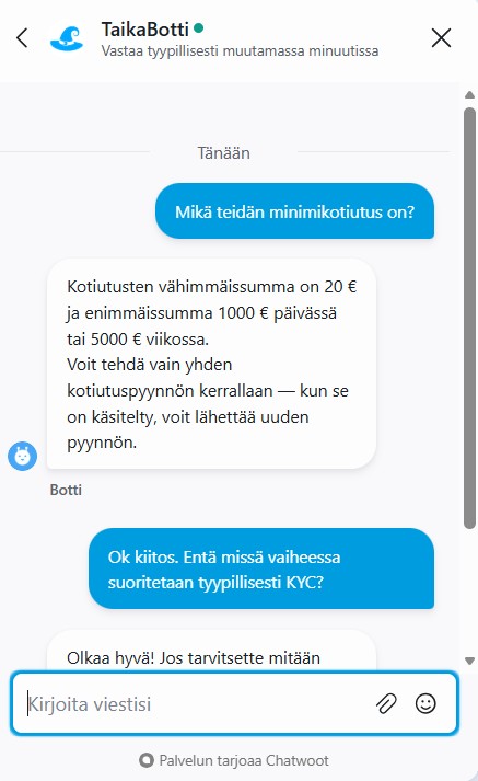 Taikaspinnin asiakaspalvelun vastaus bonuskysymykseen live-chatissa.