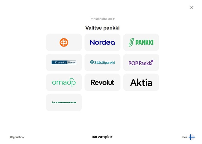 Taikaspinnin nettipankkivaihtoehdot talletusvaiheessa.