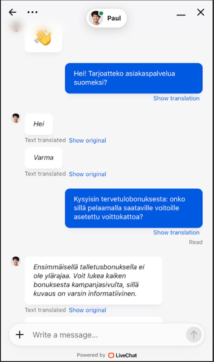 Talismania Casino auttaa chatissa myös suomeksi.