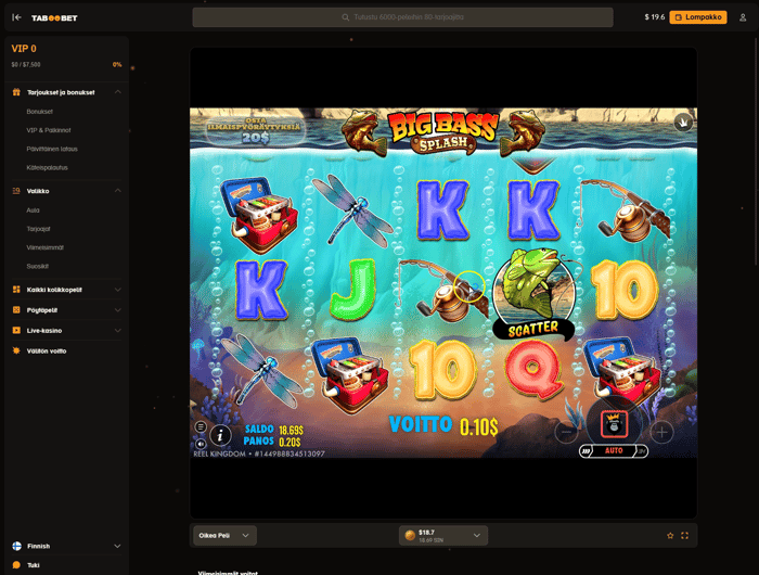 Big Bass Splash -kolikkopeli Taboobetissa 0,20 $:n panoksella ja 0,10 $:n voitolla
