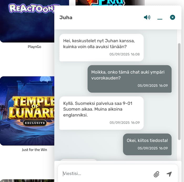 Keskustelu Teho Kasinon live-chatissa