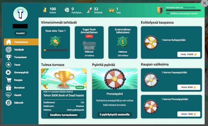 Erilaisia teht?vi? Teho Kasinon pelitilill?, joista saa pisteit?