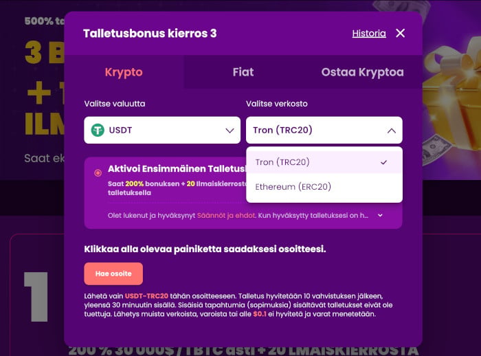 Talletusikkuna Tether kasinolla