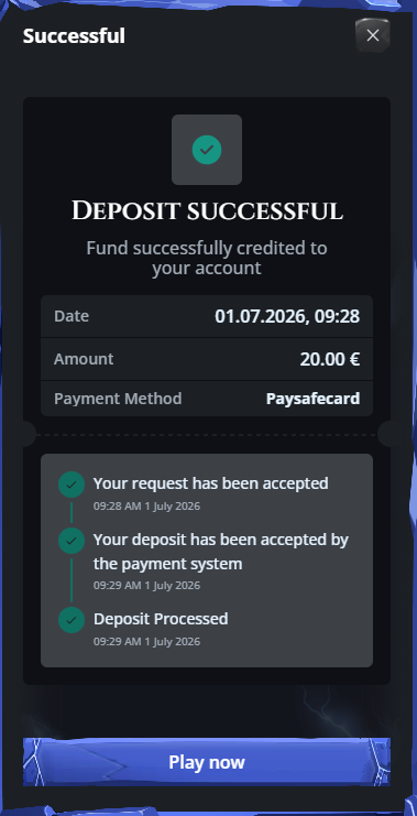 Kuvakaappaus onnistuneesta 20 euron Paysafecard-talletuksesta.