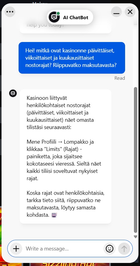 Thorfortune Casinon chat-vastaus nostorajojen korottamisesta