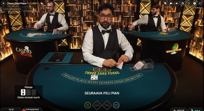 Three Card Poker käynnissä live kasinolla.