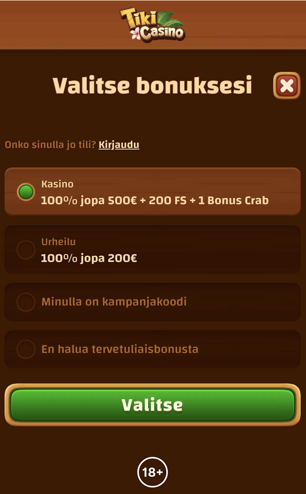 Rekisteröidy Tiki Casinolle ja valitse haluamasi bonus