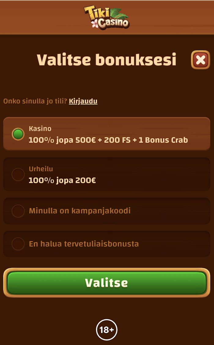 Rekisteröidy Tiki Casinolle ja valitse haluamasi bonus
