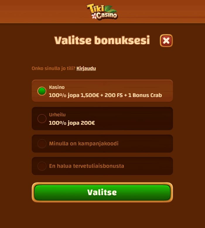 Tiki Casino bonus valitaan rekister?itymisen yhteydess? kasinon ja vedonly?nnin v?lill?.