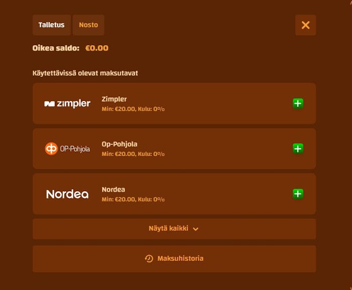 Tiki Casino talletus tapahtuu muun muassa Zimplerill?, OP:lla ja Nordealla.