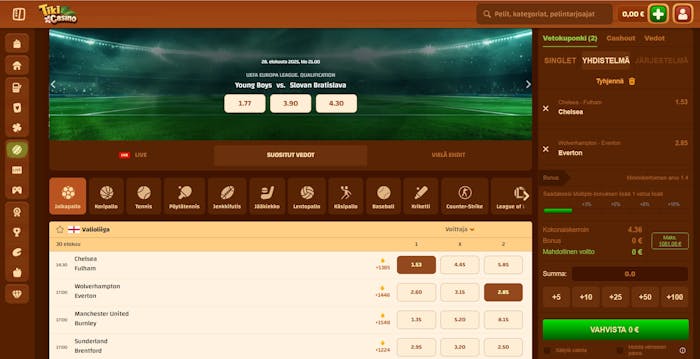 Tiki Casino urheiluvedonly?nti tarjoaa useita kohteita, kuten miesten jalkapallon Valioliiga.