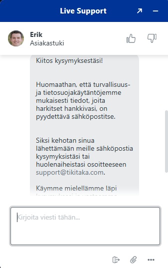 TikiTaka Casino kysymys kasinon lisenssistä. Live-chat vastaa suomeksi.