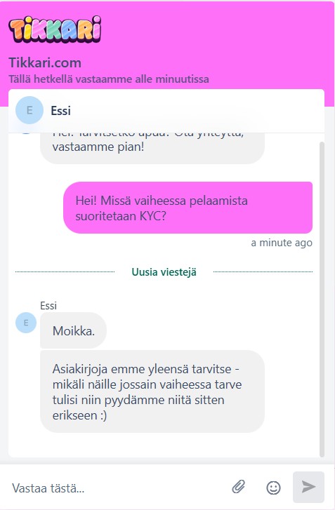 Tikkari kasinon asiakaspalvelun vastaus live-chatissa.