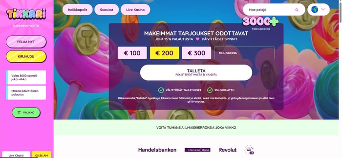 Tikkari Casinon etusivu talletuslomakkeineen.