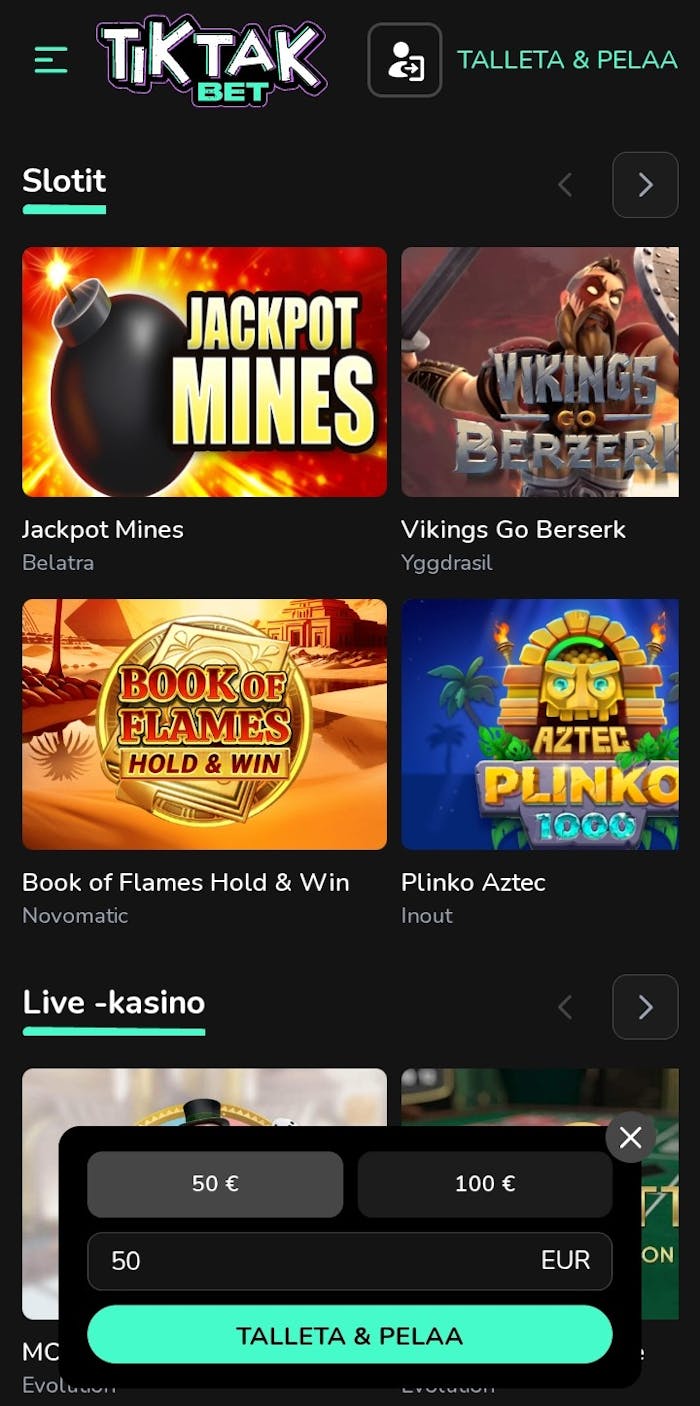 Tiktakbet mobiilissa