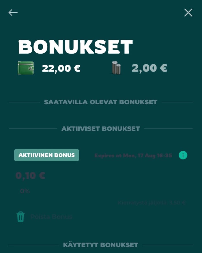 Titaani pelitilin saldo, jossa näkyy kaksi euroa bonusvaroja.