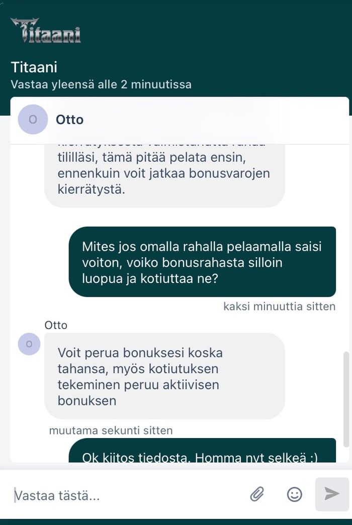 Chat-keskustelu Titaani Casinon asiakastuen kanssa.