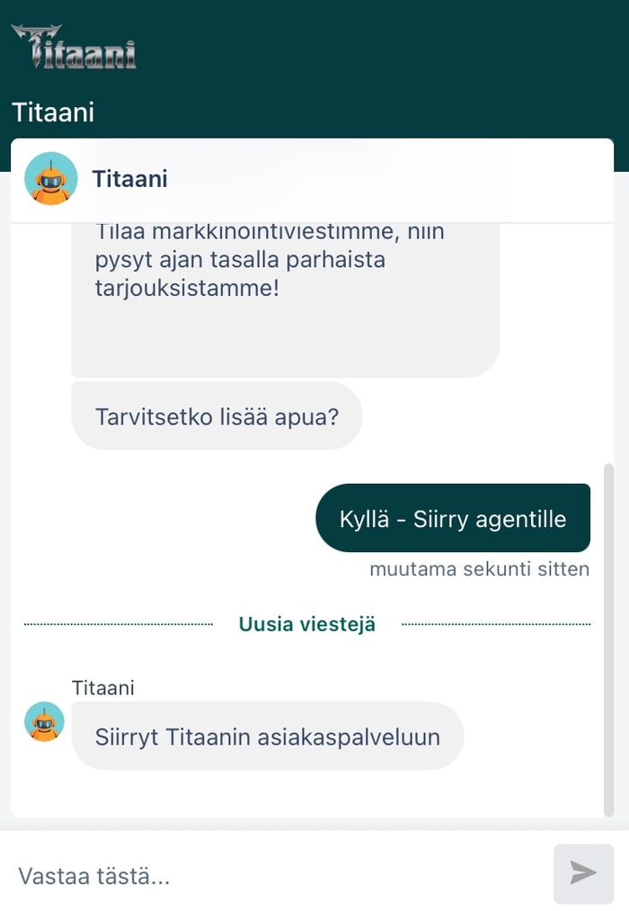 Titaanin chatissa vastaa ensin botti, tukeen siirrytään pyytämällä.