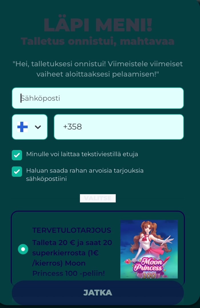 Titaani Pay N Play -aloitus viimeistellään syöttämällä sähköposti ja puhelinnumero sekä tekemällä valinnat markkinointipostin osalta.