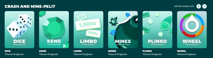 Titaani Originals -pelit: Dice, Keno, Limbo, Mines, Plinko ja Wheel crash and mine -kategoriassa