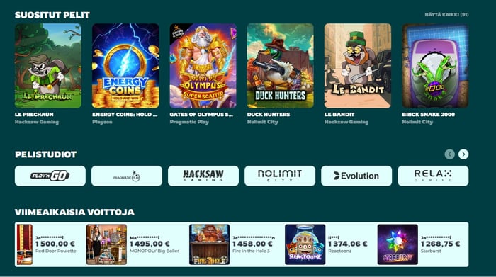 Titaani Casinon suositut pelit ja pelistudiot: Hacksaw, Nolimit City, Play'n GO, Pragmatic Play ja Evolution.