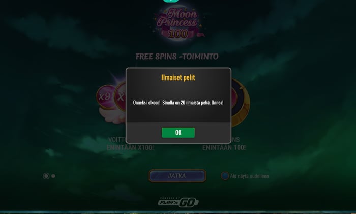 Kun bonus on lunastettu, ilmaiskierrokset tulevat automaattisesti pelattavaksi Moon Princess 100 -peliin.