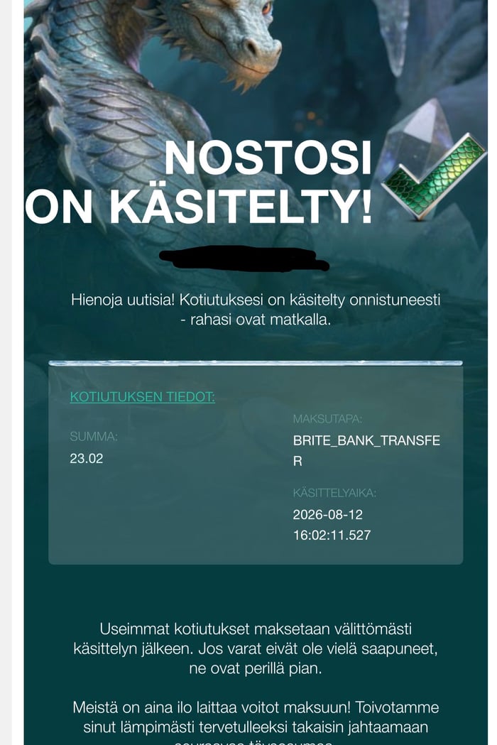 Titaani Casinolta saapunut vahvistusviesti, jossa kerrotaan nostopyynnön hyväksyminen.