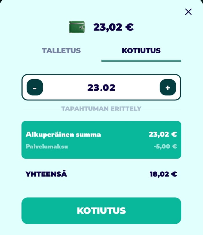 Titaani veloittaa viiden euron palvelumaksun jokaisesta kotiutuksesta.