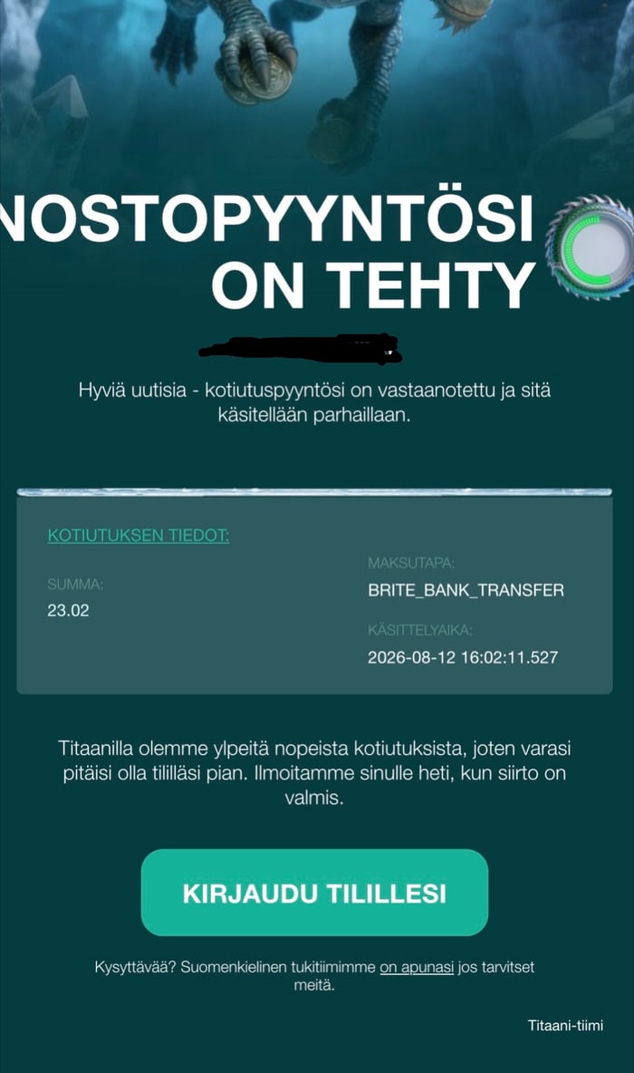 Titaani Casinolta saapunut sähköposti, jossa vahvistetaan nostopyynnön tekeminen.