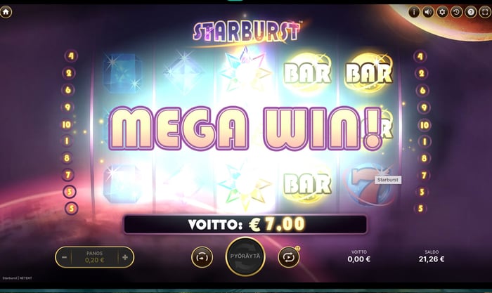 Starburst-pelin kierroksella saatu 7,00 € Mega Win.