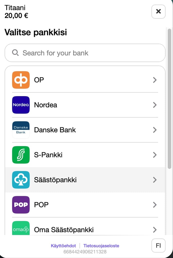 Titaani Casinon talletus etenee ikkunaan, jossa valitaan oma pankki.