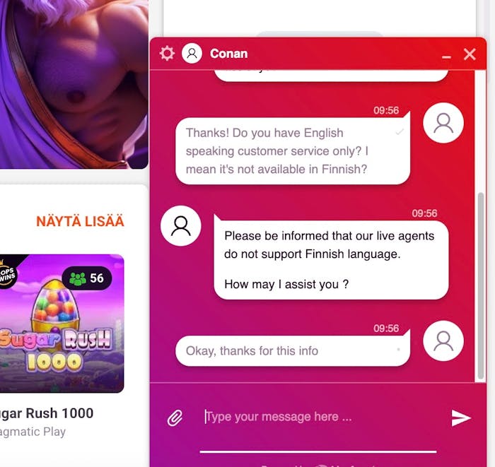 Keskustelu Tonybet Casinon live-chatissa