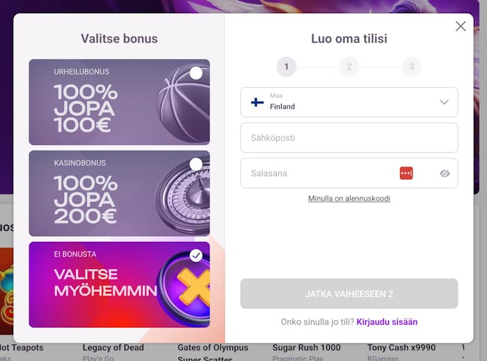 Rekisteröitymislomake Tonybet casinolla