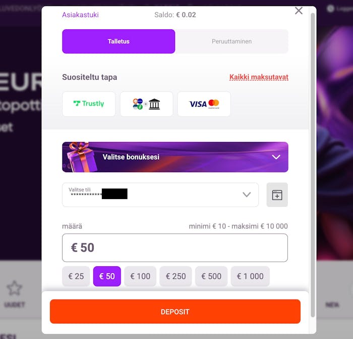 Tonybet casinon talletuslomake