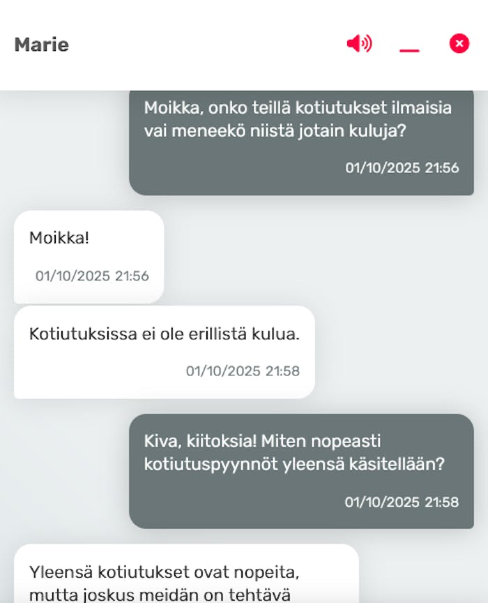 Top Kasinon asiakaspalvelun chat, jossa tiedustellaan kotiutusten nopeudesta ja kuluista.