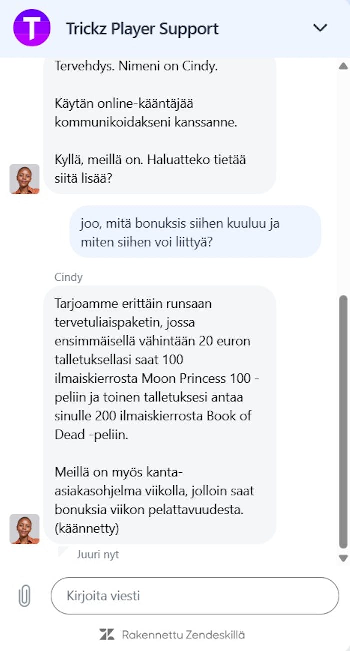 Trickz Casino live chat kysymys bonuksista ja VIP-ohjelmasta.
