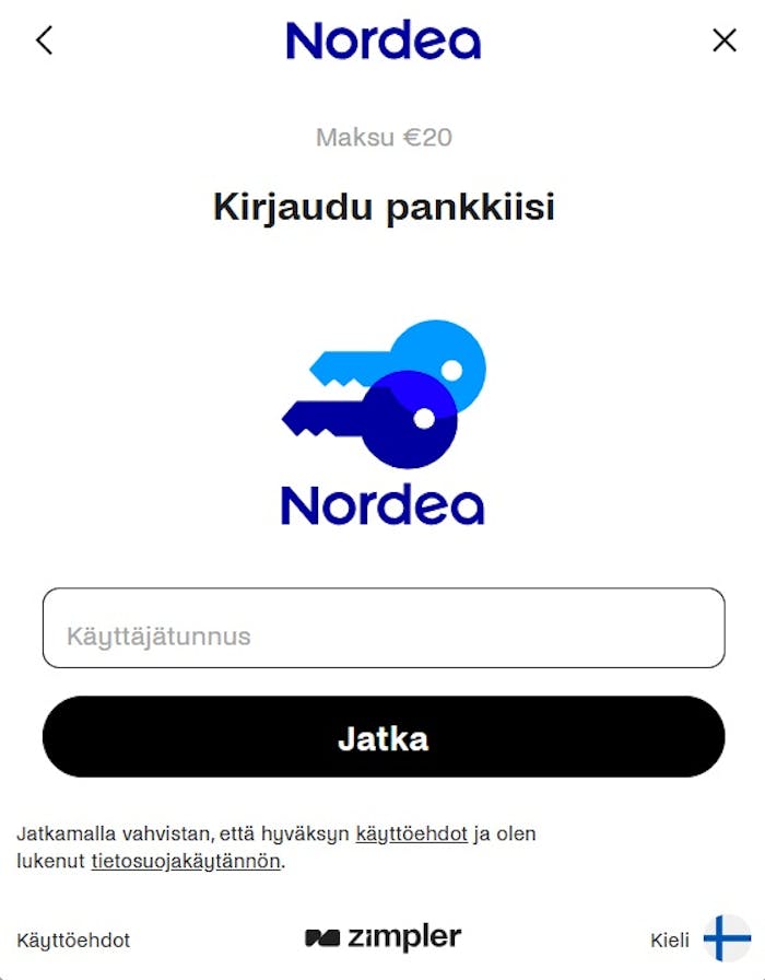 Trickz Casino 20 euron talletus Nordean verkkopankissa.