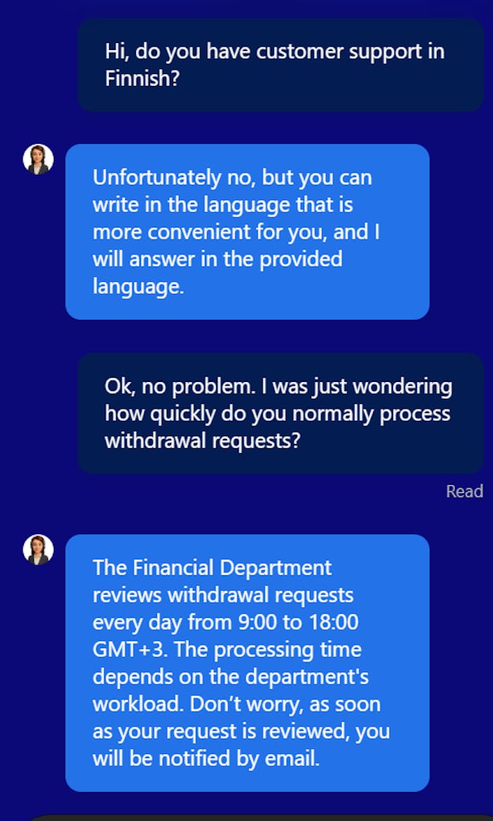 Trino Casinon asiakaspalvelun livechat-keskustelu, jossa tiedustellaan suomenkielist? asiakastukea ja maksujen nopeutta.