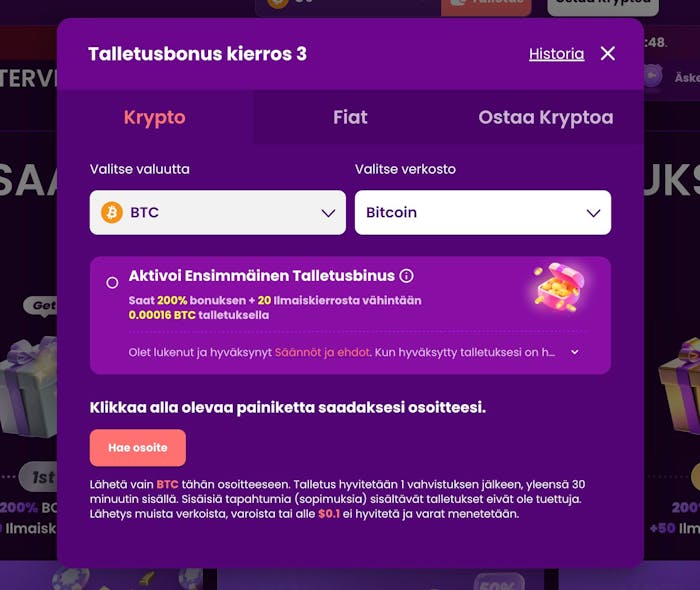 Trust Dice Casinon talletuslomake, josta voi valita kryptot, fiat-valuutat tai krypton ostamisen