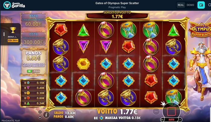 Kuva, jossa näkyy 1,77 euron suuruinen voitto Gates of Olympus Super Scatter -pelissä.