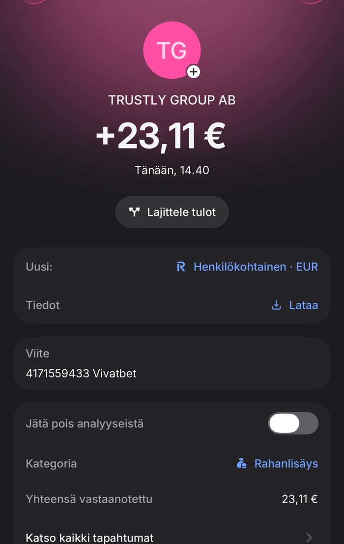 Vivatbetiltä vastaanotettu kotiutus.