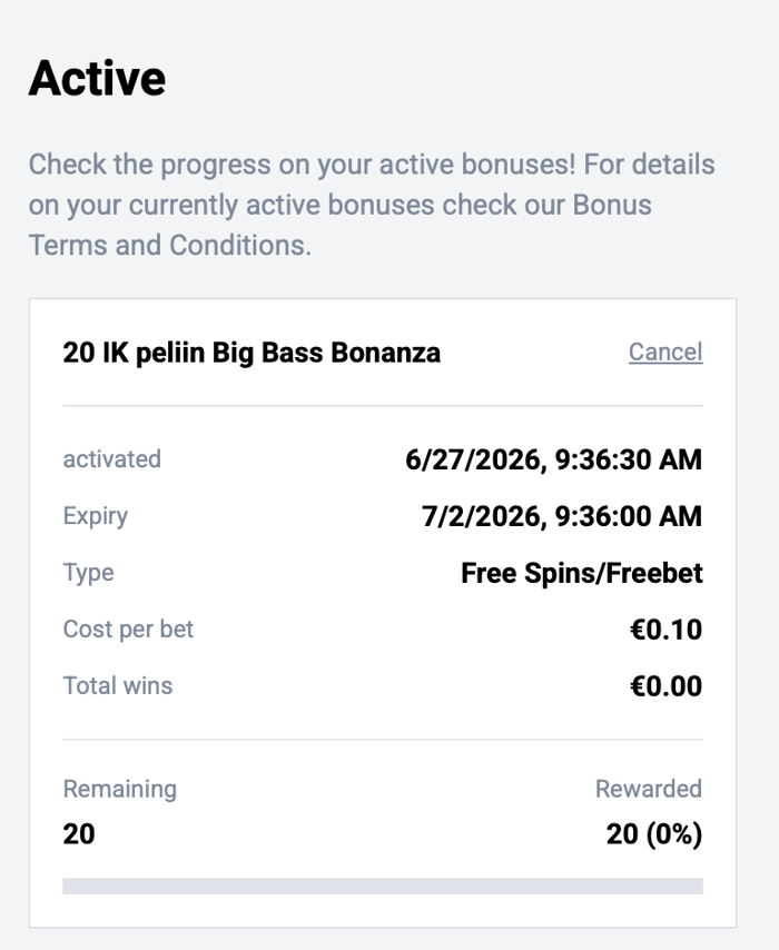 Turbosven Kasinon 20 ilmaiskierrosta Big Bass Bonanza -peliin.